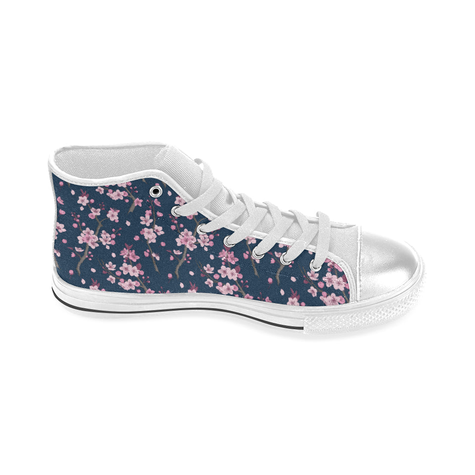 Pink sakura cherry blossom blue background Women's High Top Canvas Shoes White