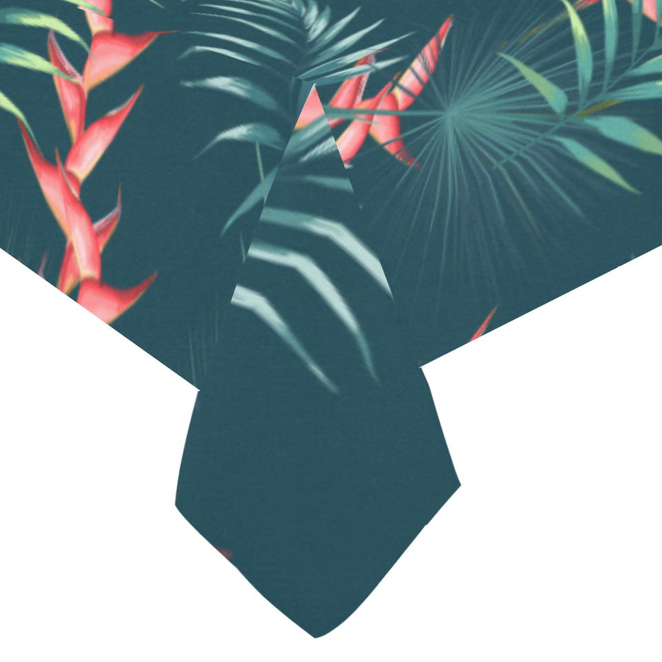 heliconia flowers, palm and monstera leaves on bla Tablecloth