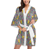 Cute yellow monkey leaves pattern Women's Short Kimono Robe