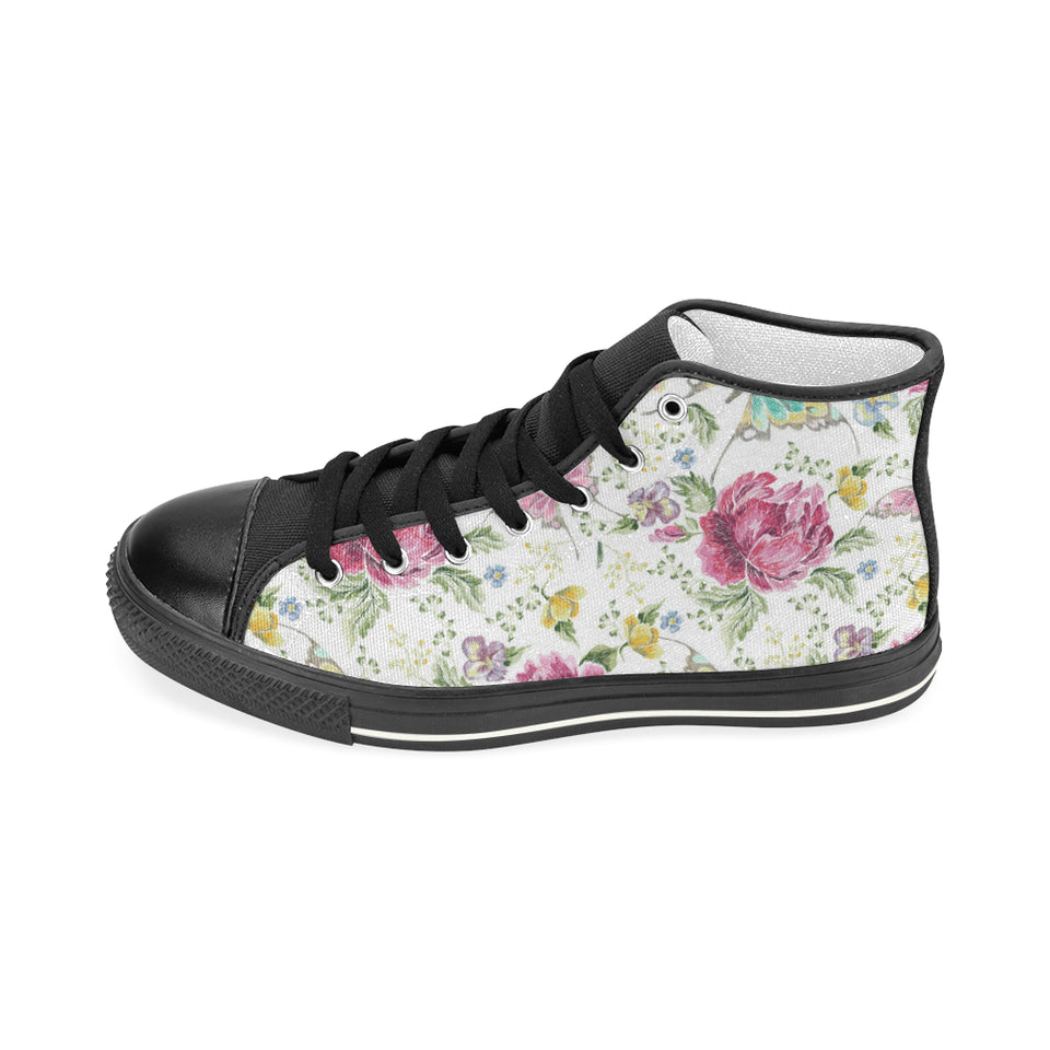 Hand drawn butterfly rose Men's High Top Canvas Shoes Black