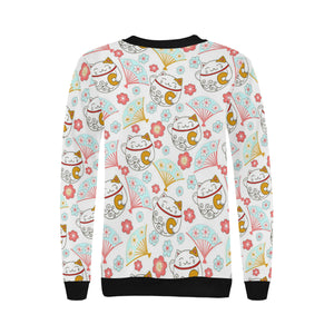 Maneki neko cat fan sakura Women's Crew Neck Sweatshirt