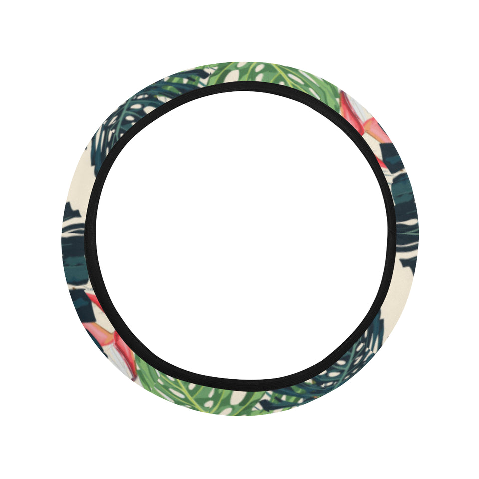heliconia flowers, palm and monstera leaves Car Steering Wheel Cover