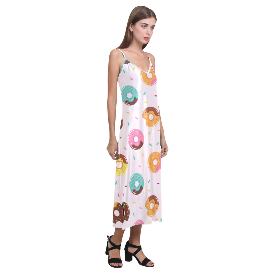 Donut pattern glaze pink background V-Neck Open Fork Long Dress