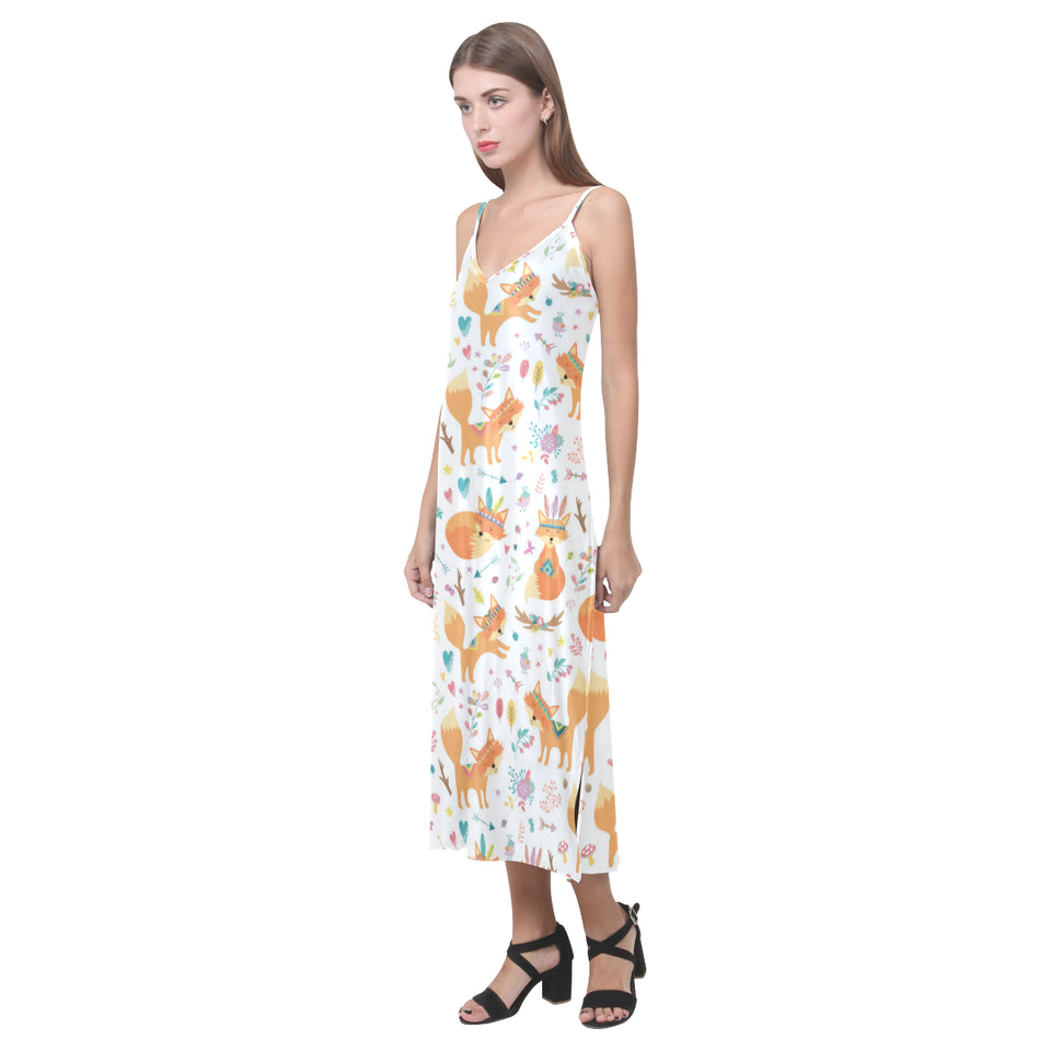 cute tribal fox pattern V-Neck Open Fork Long Dress
