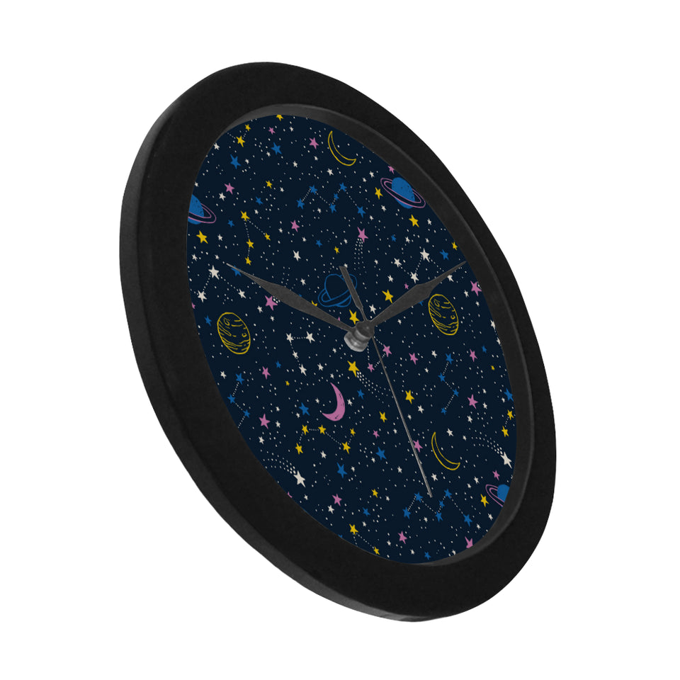space pattern with planets, comets, constellations Elegant Black Wall Clock