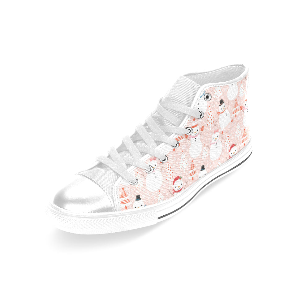 Cute snowman christmas tree snowpink background Women's High Top Canvas Shoes White