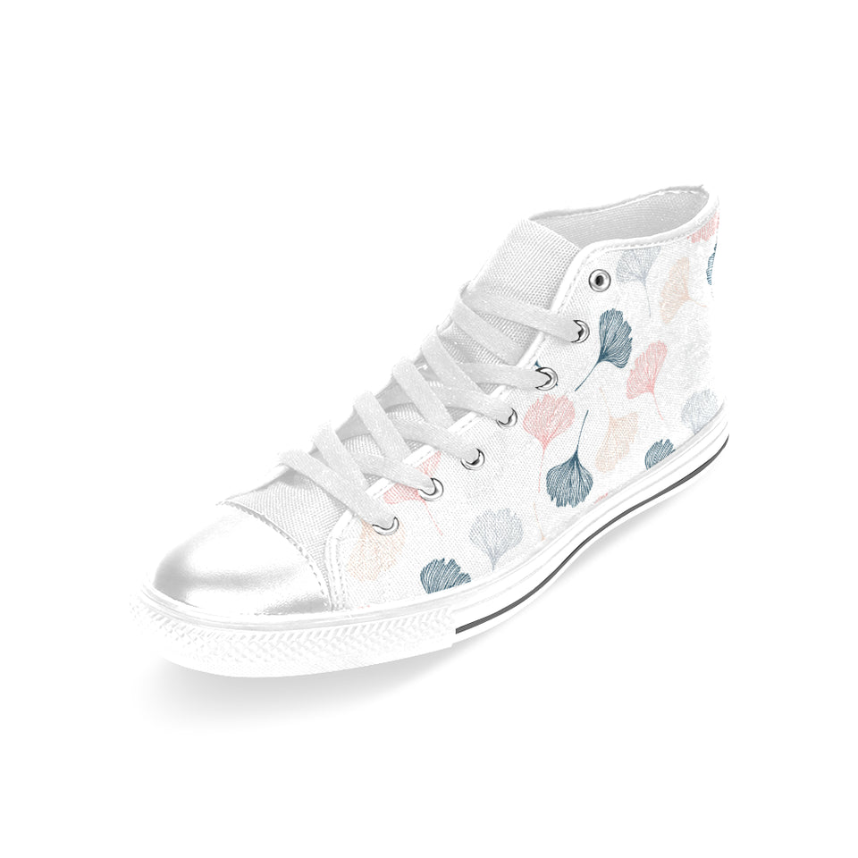 Black Gray Cream coral ginkgo leaves pattern Women's High Top Canvas Shoes White