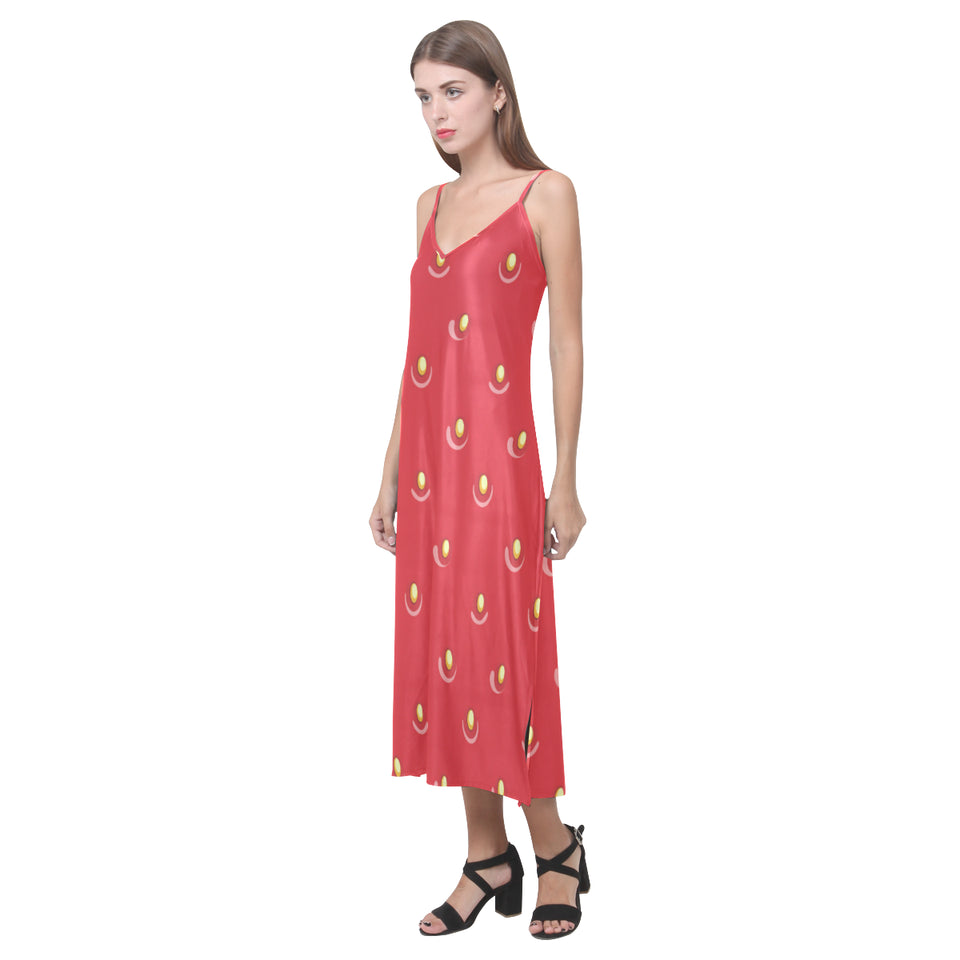 strawberry texture skin pattern V-Neck Open Fork Long Dress