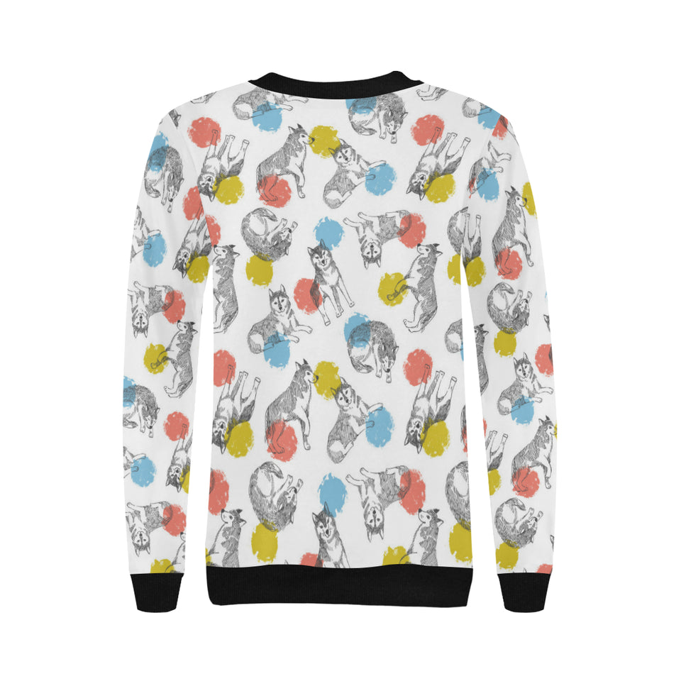 Siberian husky and colorful circle pattern Women's Crew Neck Sweatshirt