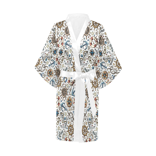 Cute nautical steering wheel anchor pattern Women's Short Kimono Robe