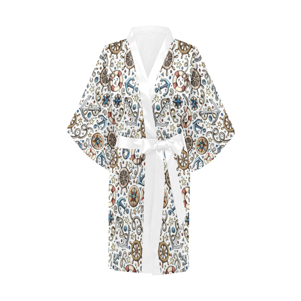 Cute nautical steering wheel anchor pattern Women's Short Kimono Robe