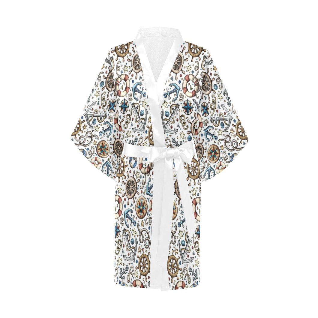 Cute nautical steering wheel anchor pattern Women's Short Kimono Robe