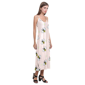 Cute bee flower pattern pink background V-Neck Open Fork Long Dress