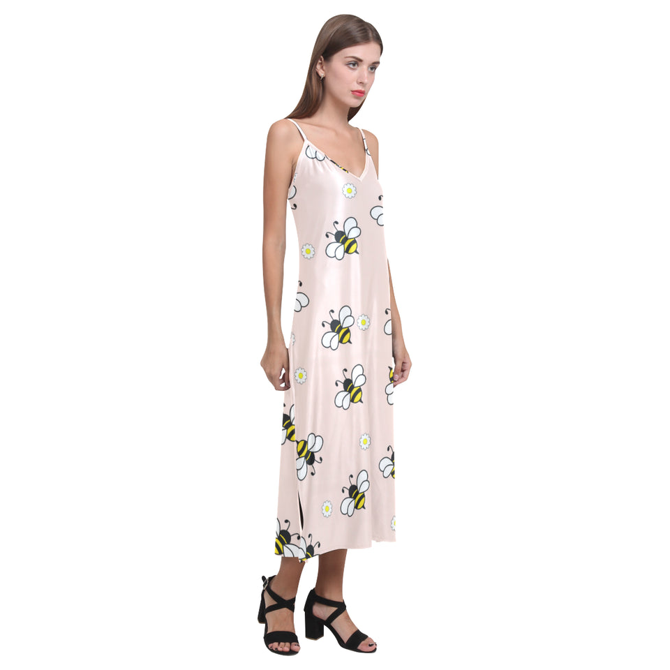 Cute bee flower pattern pink background V-Neck Open Fork Long Dress