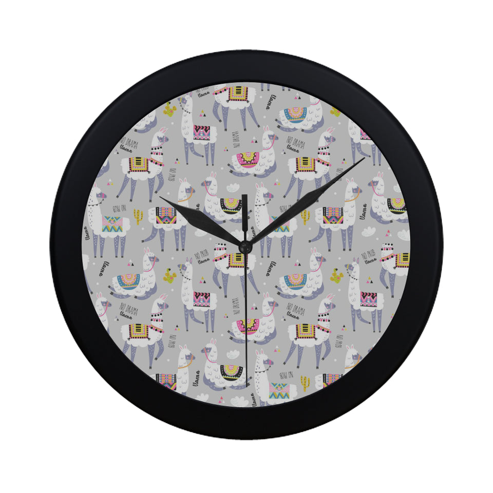 Cute Llama Alpaca pattern Elegant Black Wall Clock