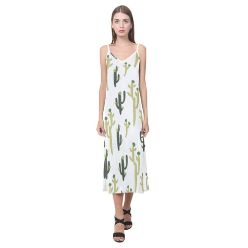 Cute cactus pattern V-Neck Open Fork Long Dress