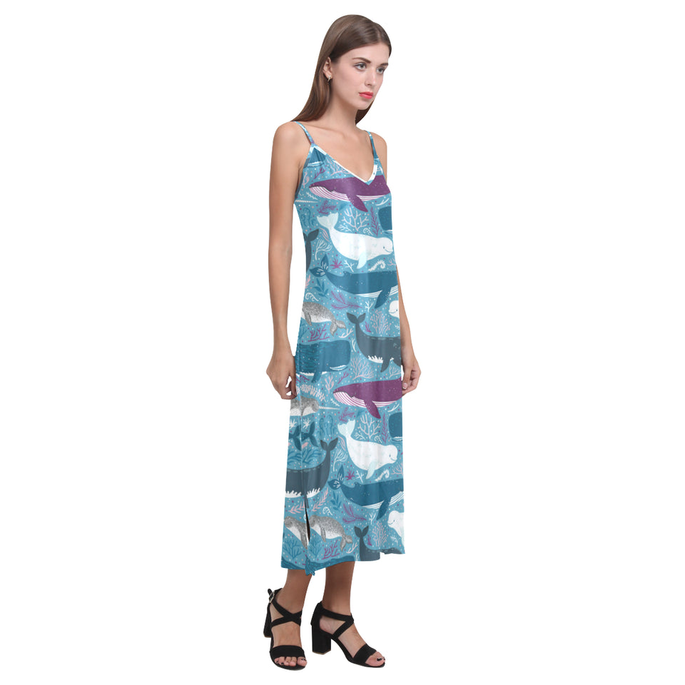 Whale design pattern V-Neck Open Fork Long Dress