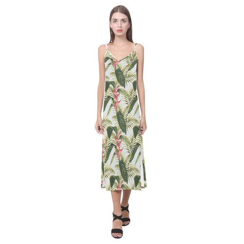 heliconia pattern V-Neck Open Fork Long Dress