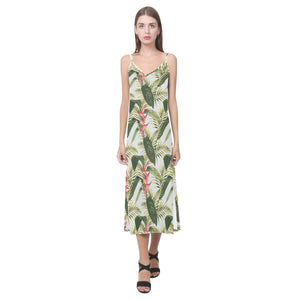 heliconia pattern V-Neck Open Fork Long Dress