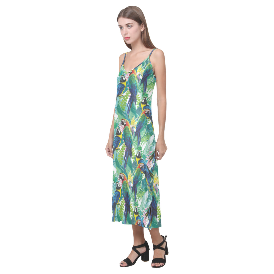 Colorful parrot exotic flower leaves V-Neck Open Fork Long Dress