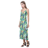 Colorful parrot exotic flower leaves V-Neck Open Fork Long Dress