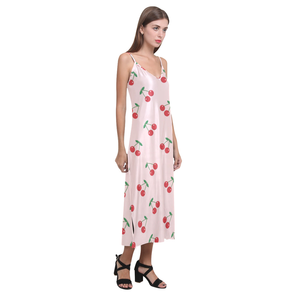 cherry pattern pink background V-Neck Open Fork Long Dress