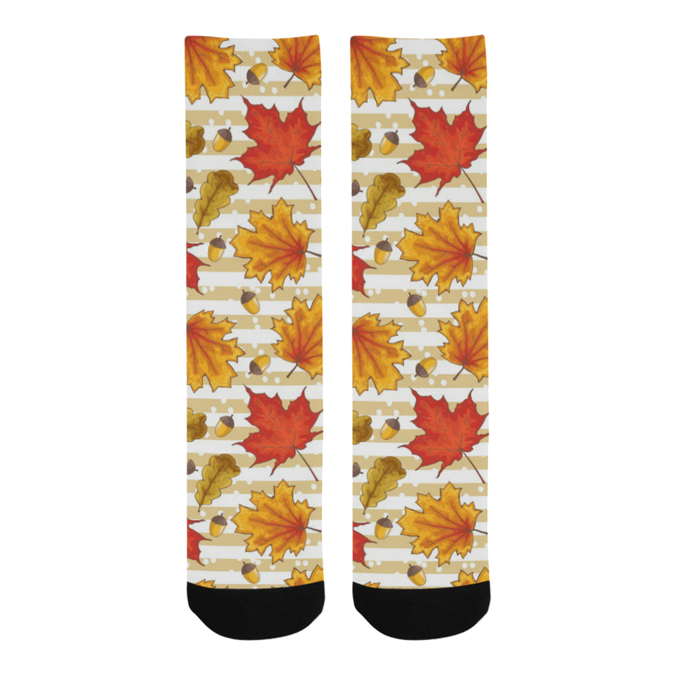 Maple leaf oak leaf acorns beige striped backgroun Crew Socks
