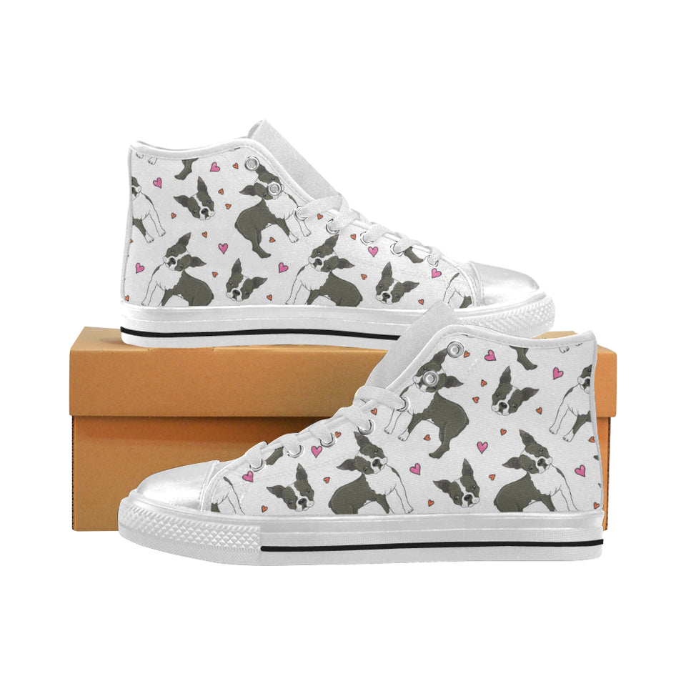Boston terrier dog hearts vector pattern Women's High Top Canvas Shoes White