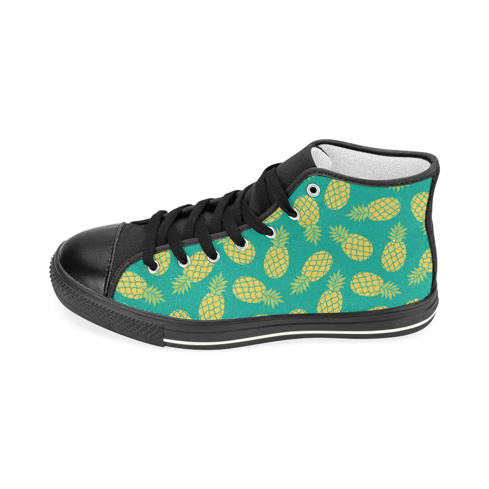 Pineapples pattern green background Women's High Top Canvas Shoes Black