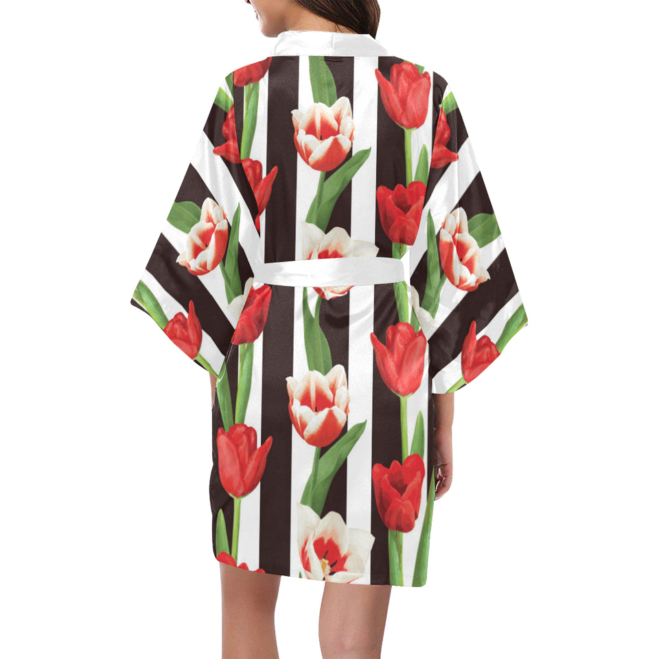 red and white tulips pattern Women's Short Kimono Robe