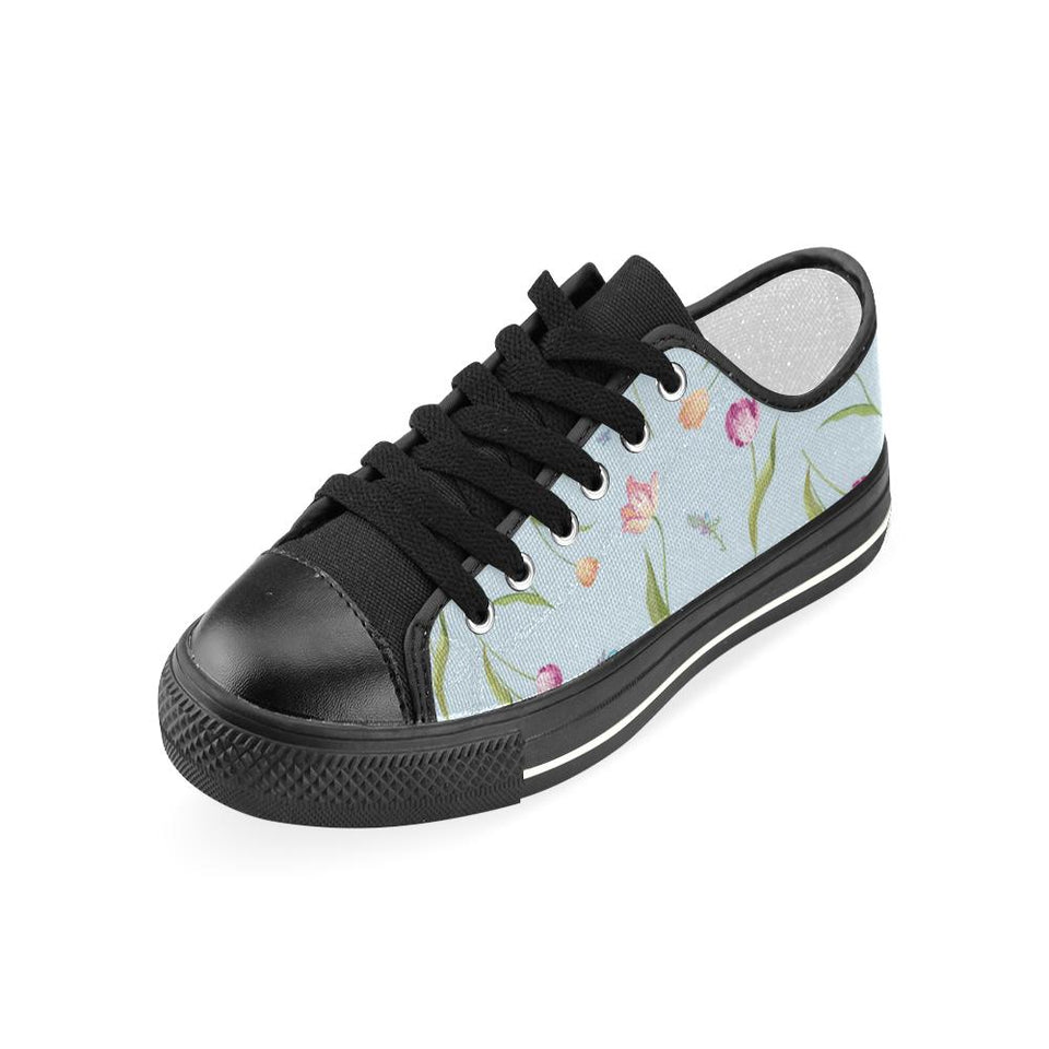 Watercolor Tulips pattern Kids' Boys' Girls' Low Top Canvas Shoes Black