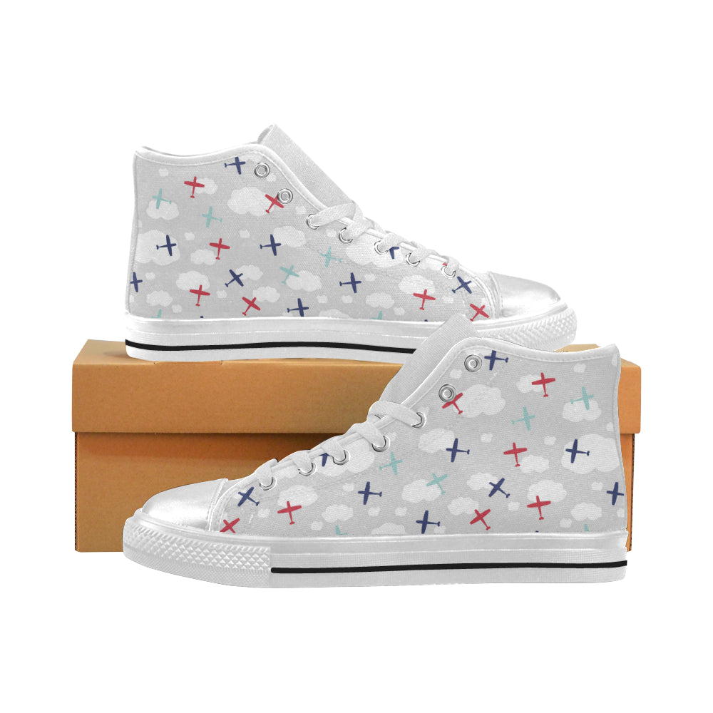 Airplane cloud grey background Women's High Top Canvas Shoes White