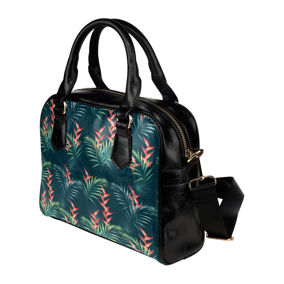 heliconia flowers, palm and monstera leaves on bla Shoulder Handbag