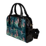heliconia flowers, palm and monstera leaves on bla Shoulder Handbag