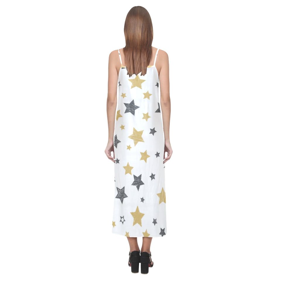 hand drawn gold black star pattern V-Neck Open Fork Long Dress