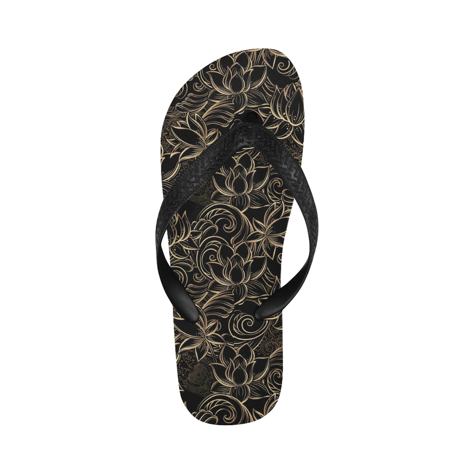 luxurious gold lotus waterlily black background Unisex Flip Flops