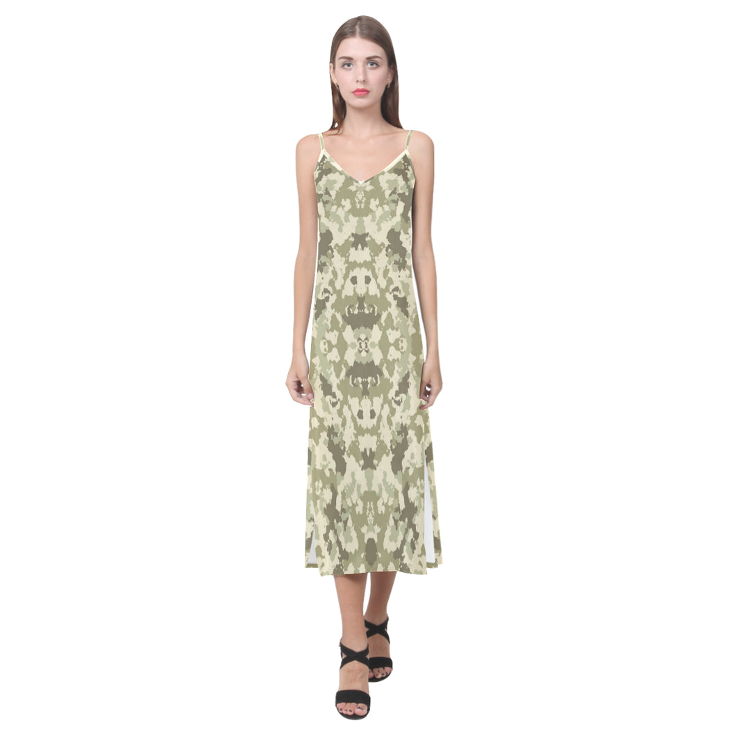 Light Green camouflage pattern V-Neck Open Fork Long Dress