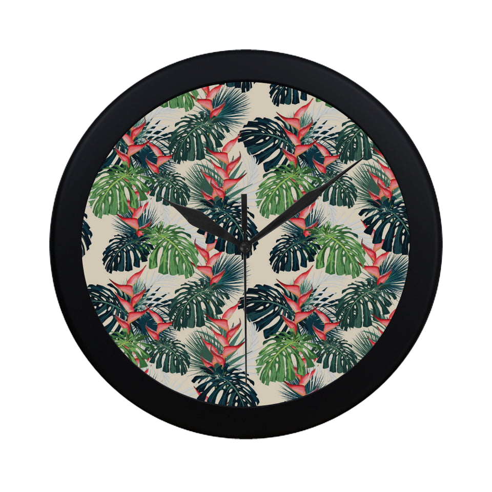heliconia flowers, palm and monstera leaves Elegant Black Wall Clock