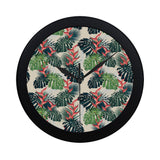 heliconia flowers, palm and monstera leaves Elegant Black Wall Clock