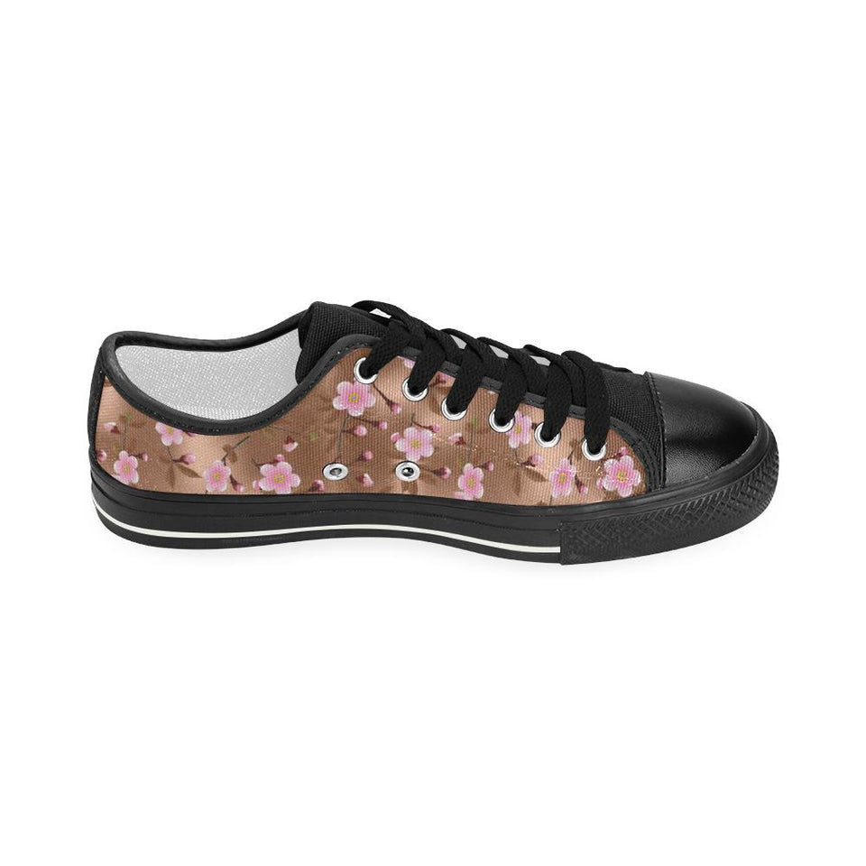 Pink sakura cherry blossom drak brown background Kids' Boys' Girls' Low Top Canvas Shoes Black