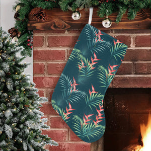 heliconia flowers, palm and monstera leaves on bla Christmas Stocking