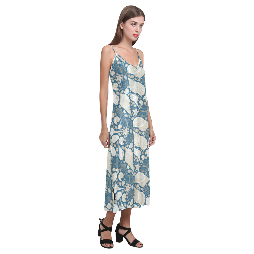 Sea turtle Polynesian Tribal design pattern V-Neck Open Fork Long Dress