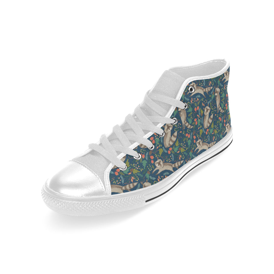 Raccoon tropical leaves pattern Men's High Top Canvas Shoes White