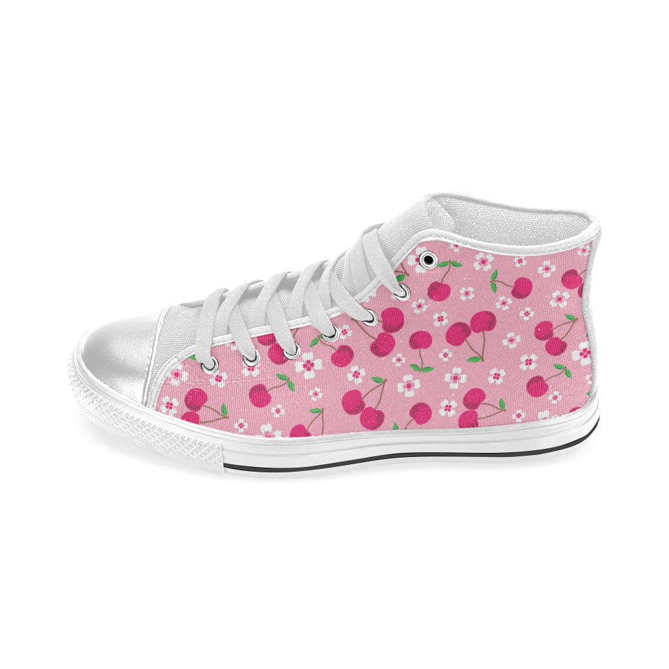 cherry flower pattern pink background Women's High Top Canvas Shoes White