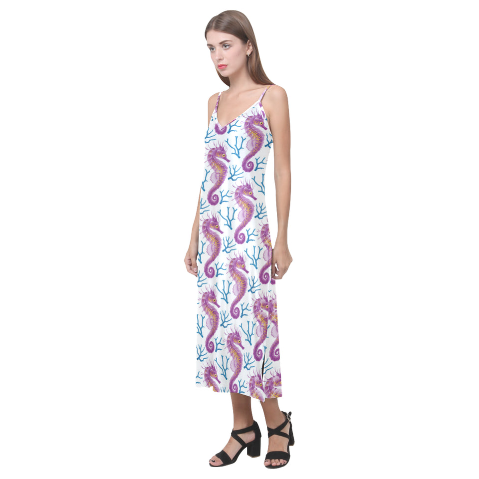 Purple seahorse blue coral pattern V-Neck Open Fork Long Dress