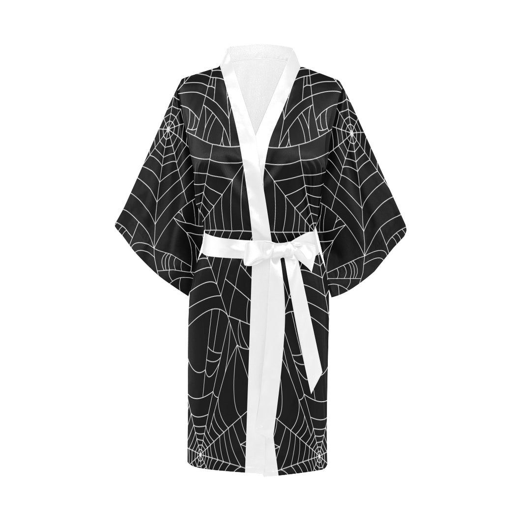 Spider web pattern Black background white cobweb Women's Short Kimono Robe