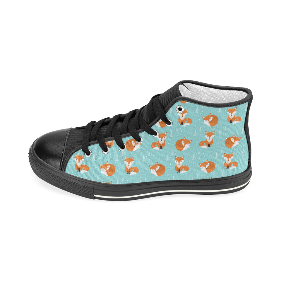 Fox pattern blue b ackground Women's High Top Canvas Shoes Black