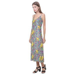 Cute yellow monkey leaves pattern V-Neck Open Fork Long Dress