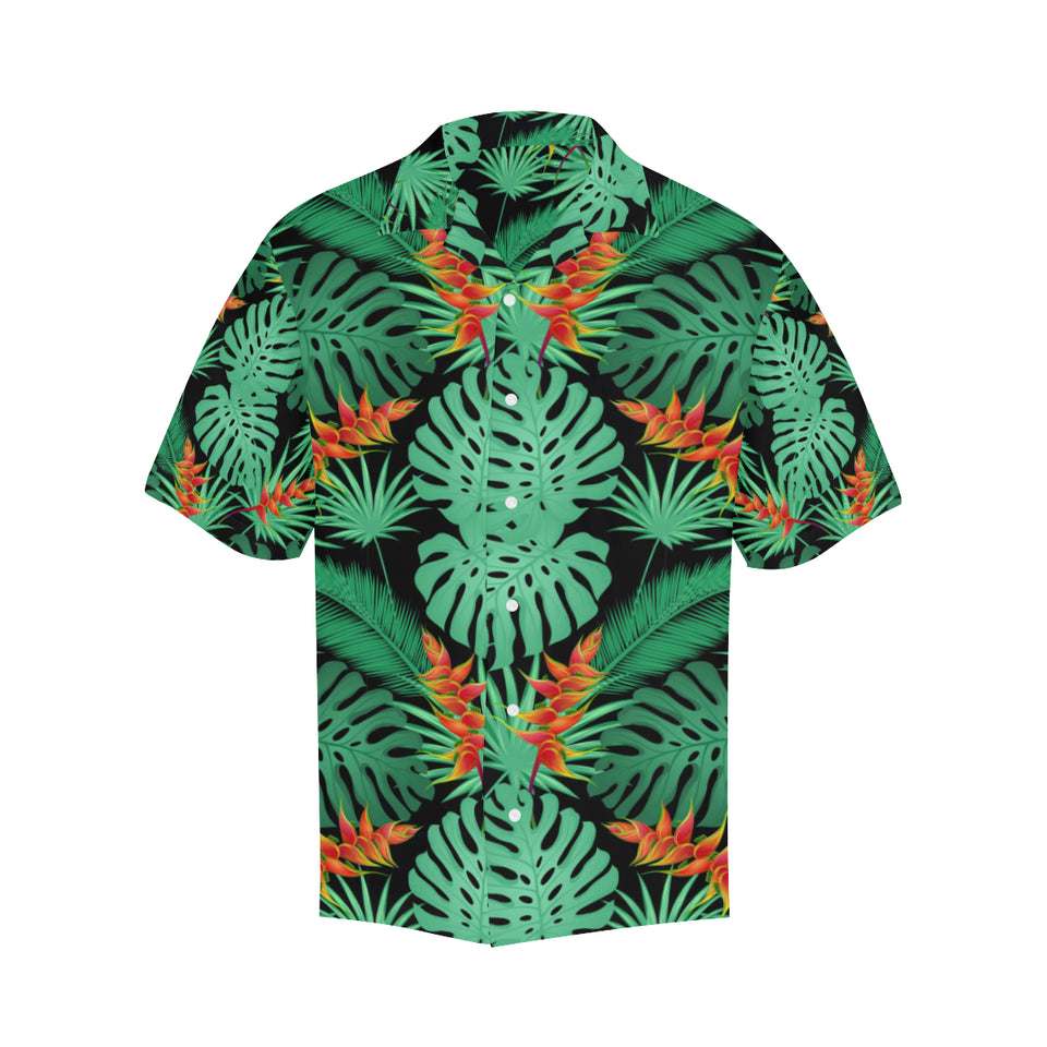 heliconia flower palm monstera leaves black backgr Men's All Over Print Hawaiian Shirt