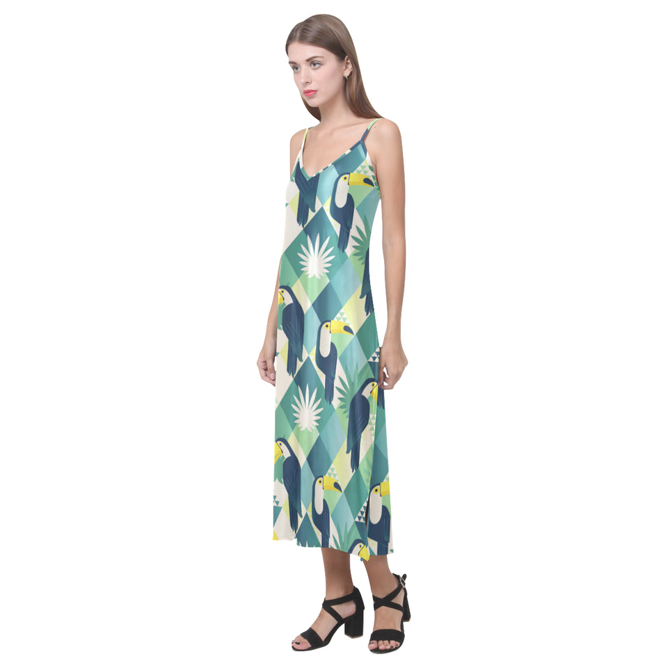 Toucan tropical leaves design pattern V-Neck Open Fork Long Dress